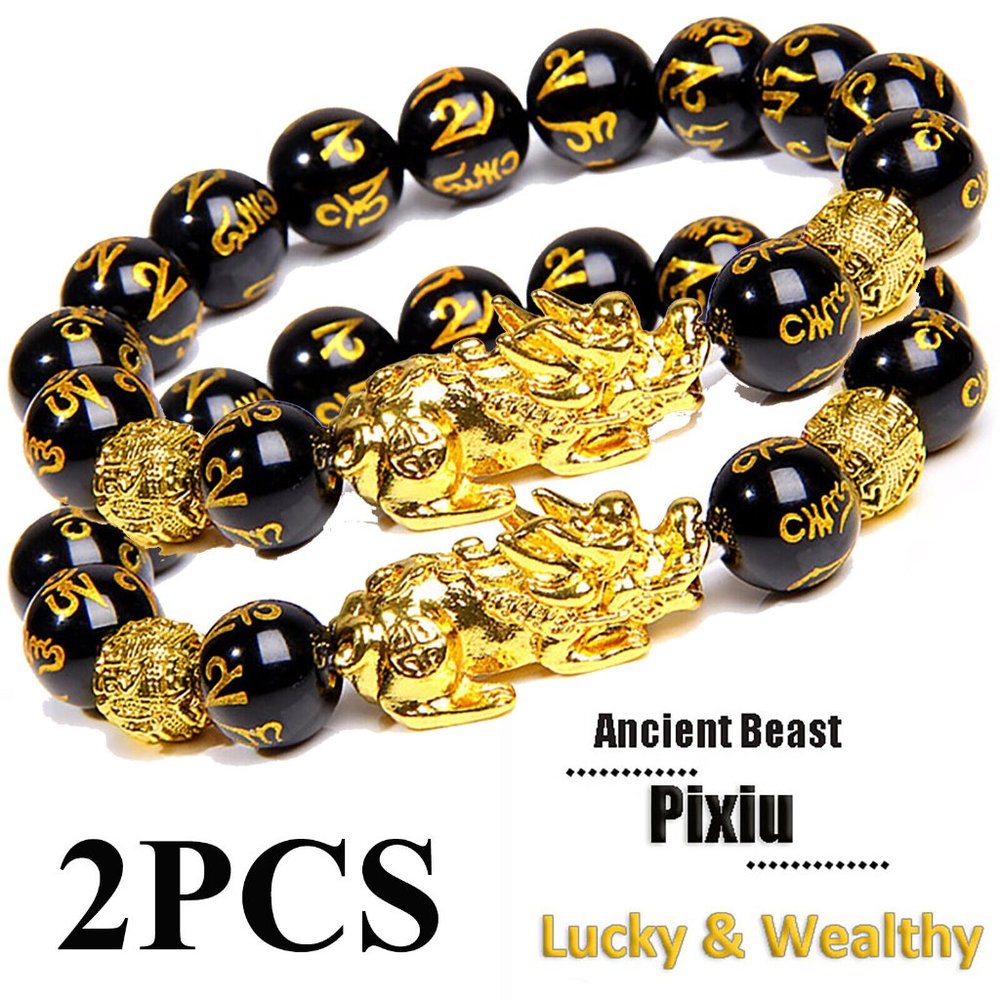 2 Pcs Feng Shui Black Obsidian Beads Bracelet Attract Wealth Good Luck  Bangle